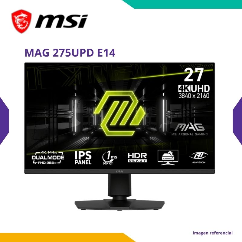 HWT - MONITOR 27 IPS MSI MAG 275UPD E14 1MS 4K UHD HDMI DP 2W2 Monitor Gamer MSI MAG 275UPD E14 27″ IPS Dual Mode 4K 144Hz / FHD 288Hz 1ms