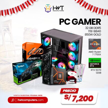 PC GAMER AMD RYZEN 7 7700X RTX 5070 12GB 32GB DDR5 1TB SSD B840 850W GOLD