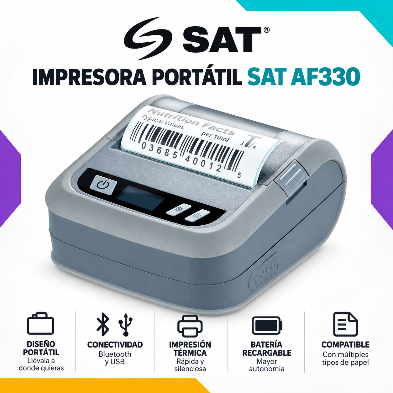 IMPRESORA PORTÁTIL SAT AF330 Impresora Portátil SAT AF330 térmica 72mm USB Bluetooth Gray