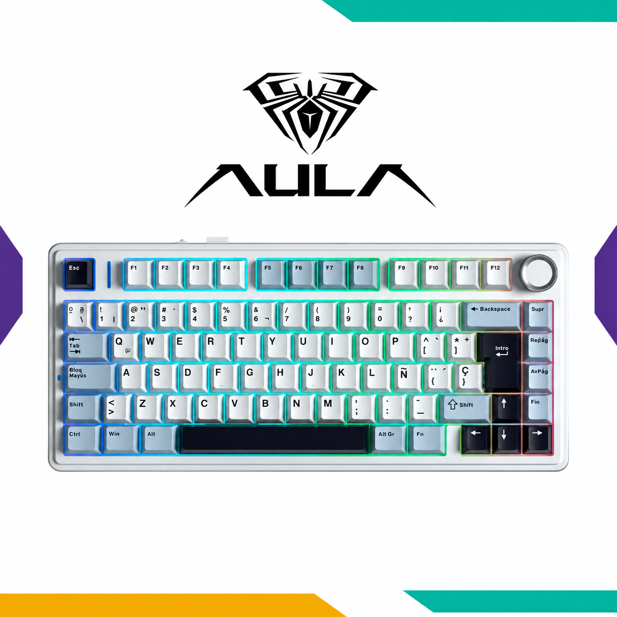 TECLADO AULA F75 RGB INALÁMBRICO 75% REAPER SWITCH BLUE WHITE PURPLE (1) Teclado Aula F75 RGB Inalámbrico Reaper Switch Blue White Purple